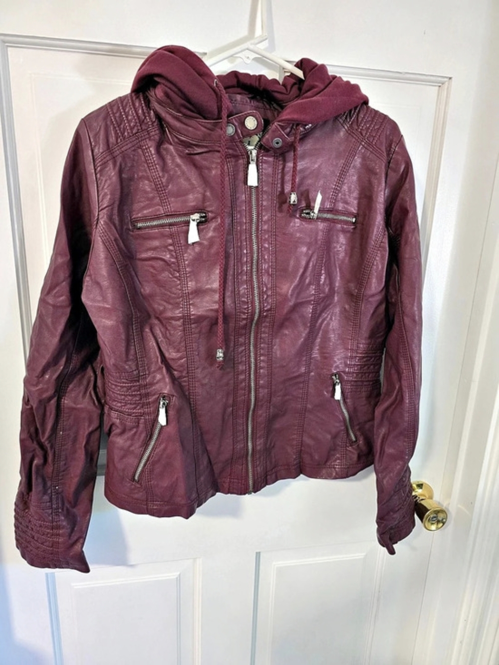 Lock & Love Women's Removable Hooded Faux Leather Moto Biker Jacket Purple